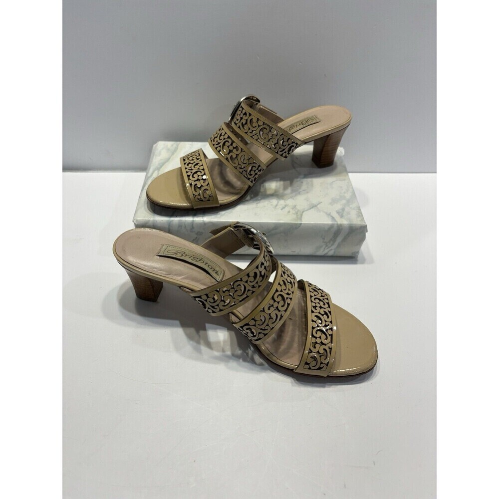 BRIGHTON Tinsel Leather Strappy High Heel Open Toe Tan Sandals SZ 6.5 M ITALY